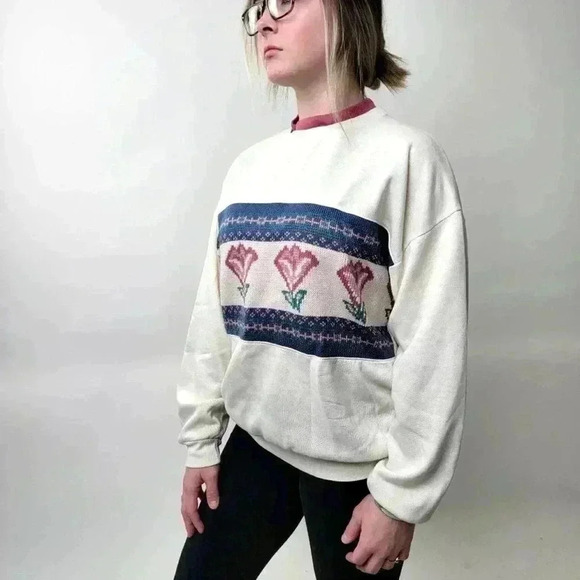 Vintage 90s Floral Cottagecore Chunky Knit Sweatshirt - S - Picture 6 of 6